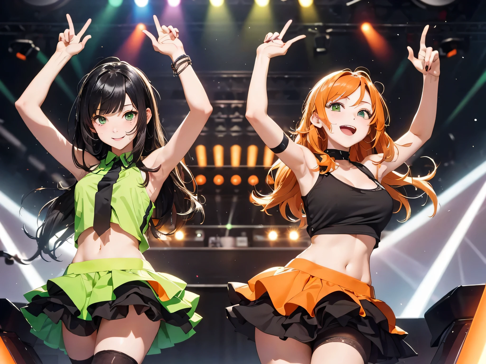 Portrait of two girls with arms raised in the air. (detailed green eyes, jet black hair:1.21, Colored inner green hair:1.21, split-color:1.21), antenna hair, She is the most popular trance DJ in the world, He is known for his amazing live performances. In this image, He's a DJ at State of Trance's broadcast studio. She is wearing a green and black mixed tank top bandeau。, Tuck flare skirt 25 denier sheer stockings, she is standing behind the dj booth, the crowd is cheering and dancing. Images full of energy and excitement. The lighting is bright and vivid, And the audience is clearly having a good time. Shin Amada himself seems to be having a lot of fun.. She's clearly a master of his craft, And he、Connect with your audience in a way that few other DJs can。. This image is、A perfect representation of Amada Kokoro's talent and passion for trance music.。. A must-have for fans of trance or dance music。. another girl, (detailed brown eyes, jet black hair, Colored inner orange hair:1.21, split-color:1.21), curly hair, ((A perfect hand has only 5 fingers)),