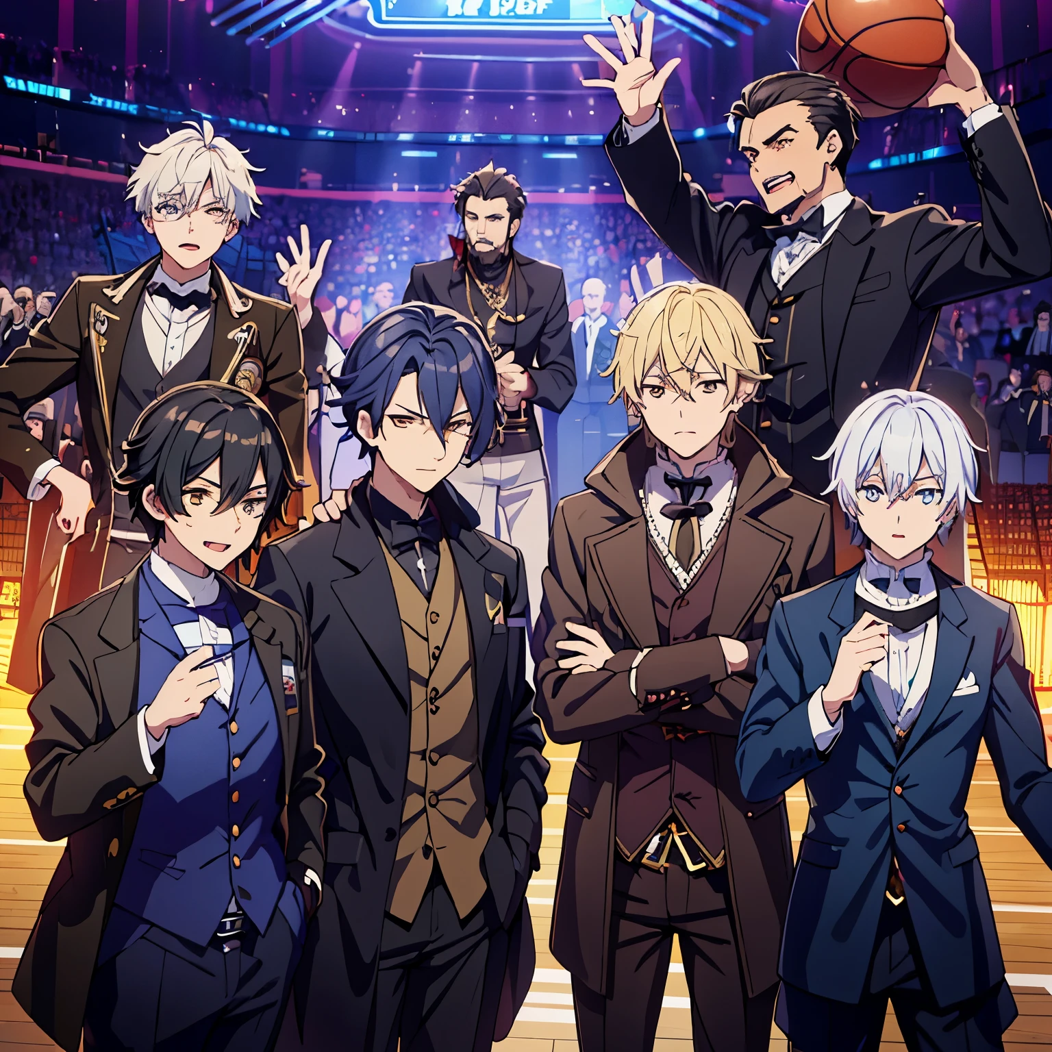 Make Senji Muramasa, Grigori Rasputin, Ashiya Douman, Sherlock Holmes, and James Moriarty playing basketball