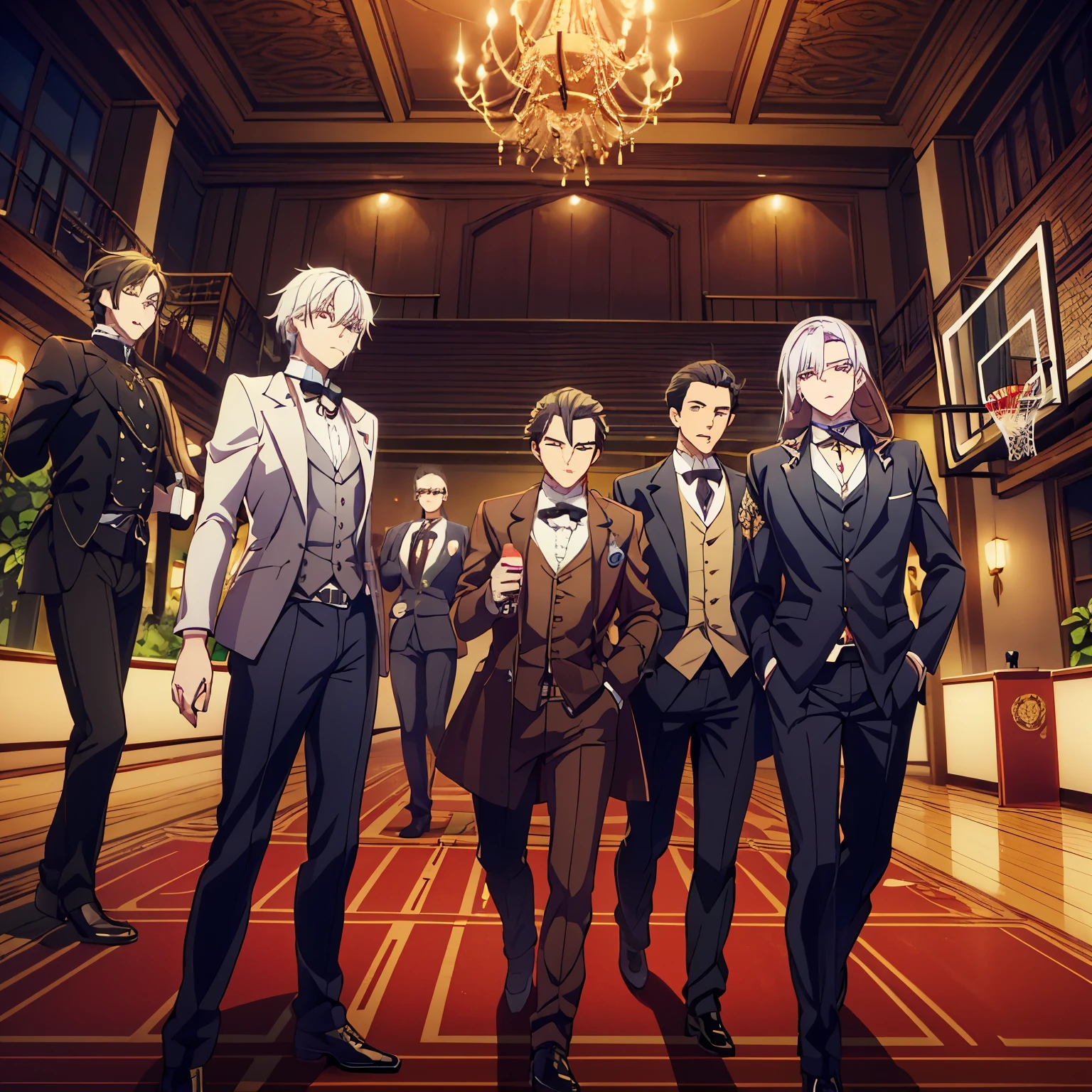 Make Senji Muramasa, Grigori Rasputin, Ashiya Douman, Sherlock Holmes, and James Moriarty playing basketball