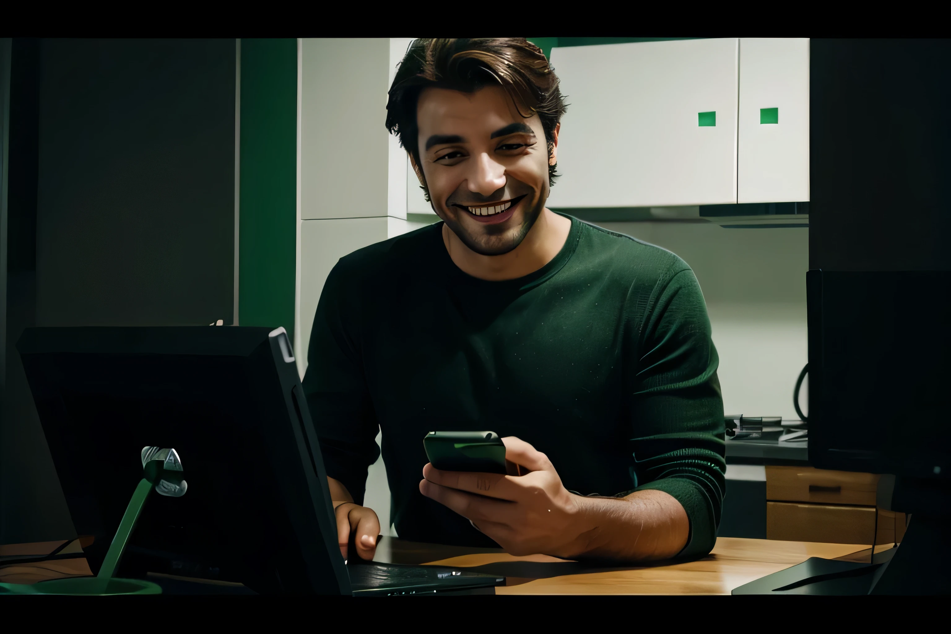 a smiling italian guy talking with phone while answering mails on a pc. (black and green colors).
