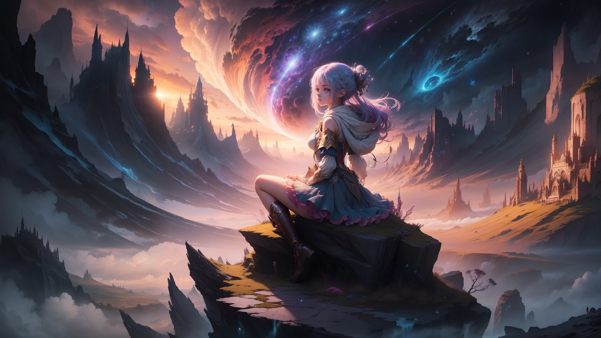 "((Fantasy art)) featuring an alien girl immersed in a celestial symphony, clouds transforming into vibrant splashes, flowers scattered like notes in the wind, a visual orchestration of color and wonder"