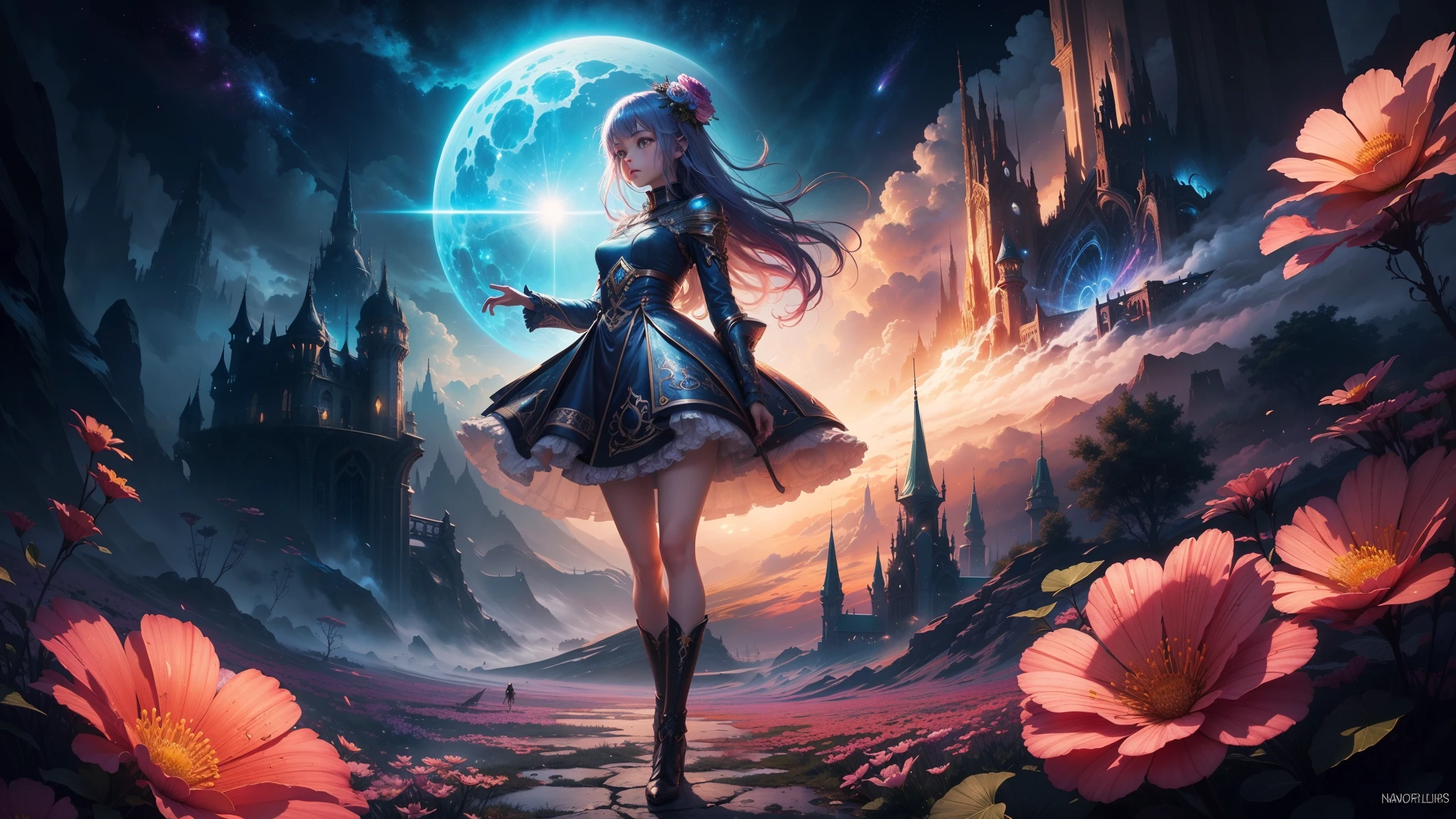 "((Fantasy art)) featuring an alien girl immersed in a celestial symphony, clouds transforming into vibrant splashes, flowers scattered like notes in the wind, a visual orchestration of color and wonder"