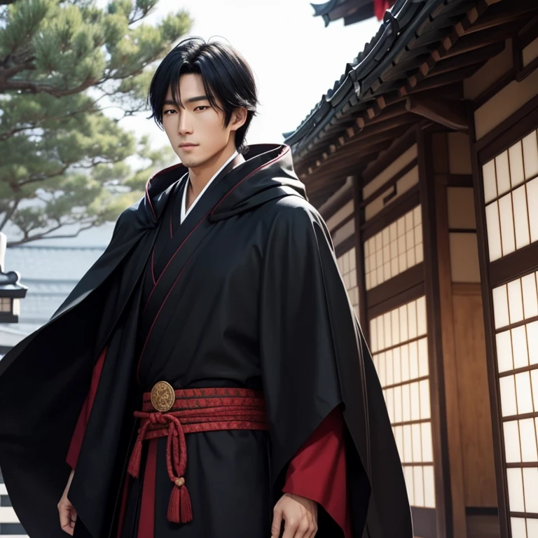 Real Japanese handsome man、black hair、cloak