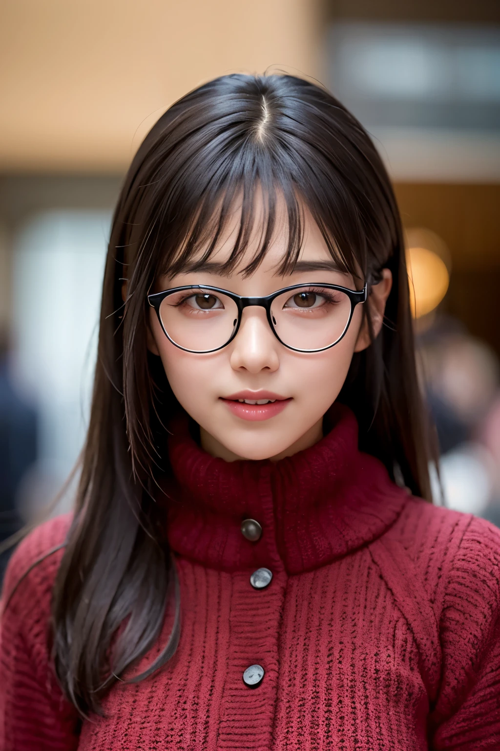 (8K、RAW photo、highest quality、masterpiece:1.2)、(realistic、Photoreal:1.37)、Super detailed、ultra high resolution、1 girl、see the beholder、beautiful and detailed face、laughter、narrow、(slim waist) :1.3)、beautiful and smooth skin、Warm clothes for winter、skin texture、floating hair、Office district on a winter morning、Black square glasses 、as a whole human body、black hair、