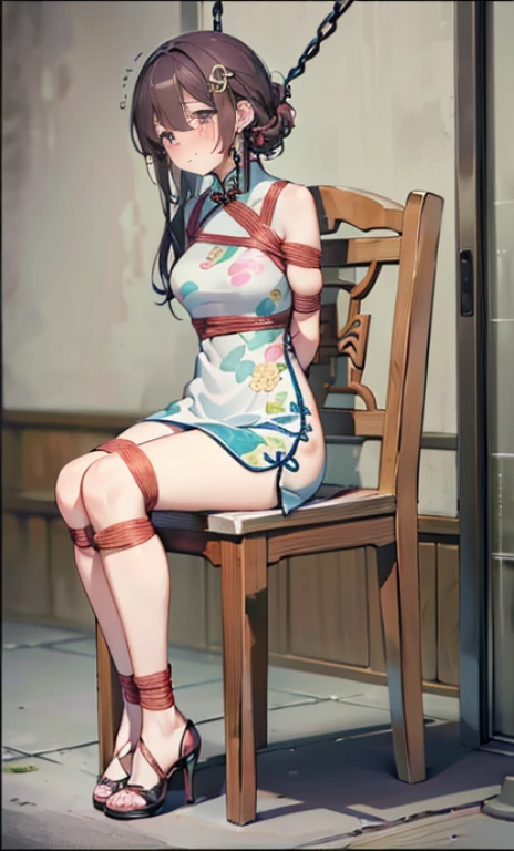 masterpiece, best quality,alone,((Imprisoned)),((blush)), ((tears)), (()),((Exhausted)),((High heel)),((cheongsam)), (((()))),((arms_behind_Back)),((legs together)), ((Bondage)),((chaili)),