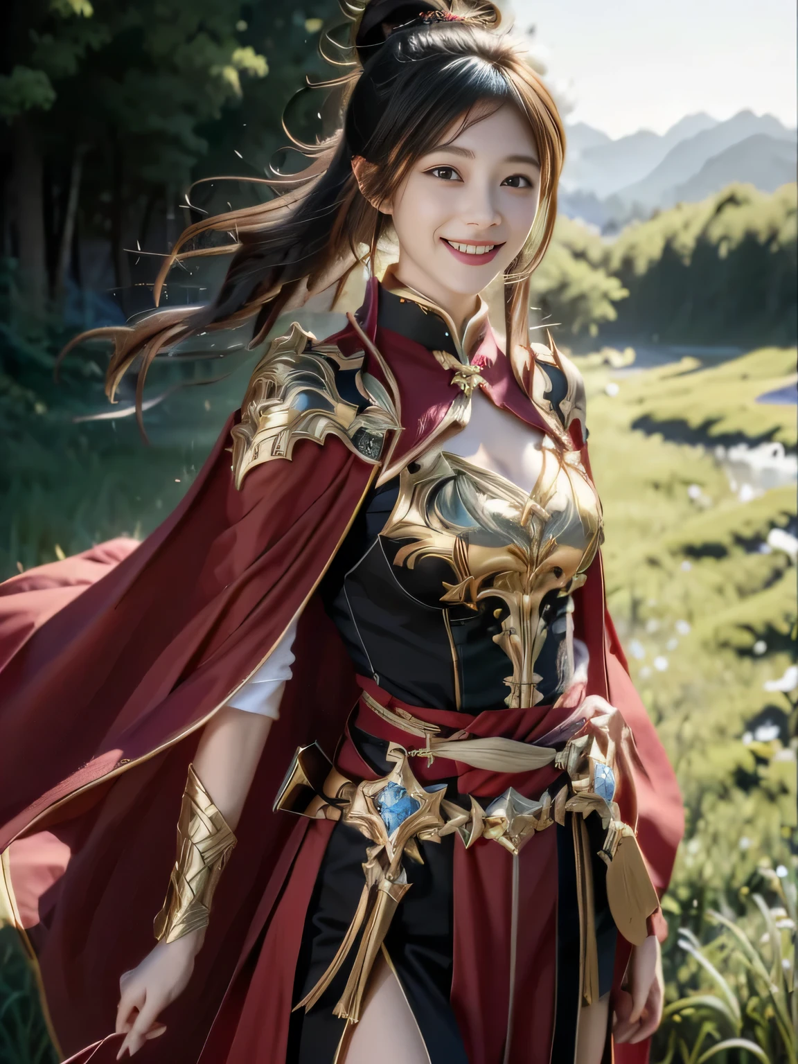 Chinese female general,Saffron Hufu,Detail the eyes,Crimson cape,metal breastplate,Breasts are full and erect,Gold hairband,majestic,Smile(open mouth)(The corners of the mouth are raised),、(Hair in a bun:1.5),(Hair bun raised high)。wilderness background(grassland background)