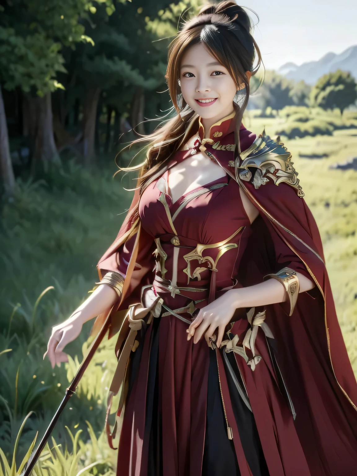 Chinese female general,Saffron Hufu,Detail the eyes,Crimson cape,metal breastplate,Breasts are full and erect,Gold hairband,majestic,Smile(open mouth)(The corners of the mouth are raised),(Metal headbands),blue hair(Hair in a bun:1.5),(Hair bun raised high)。wilderness background(grassland background)