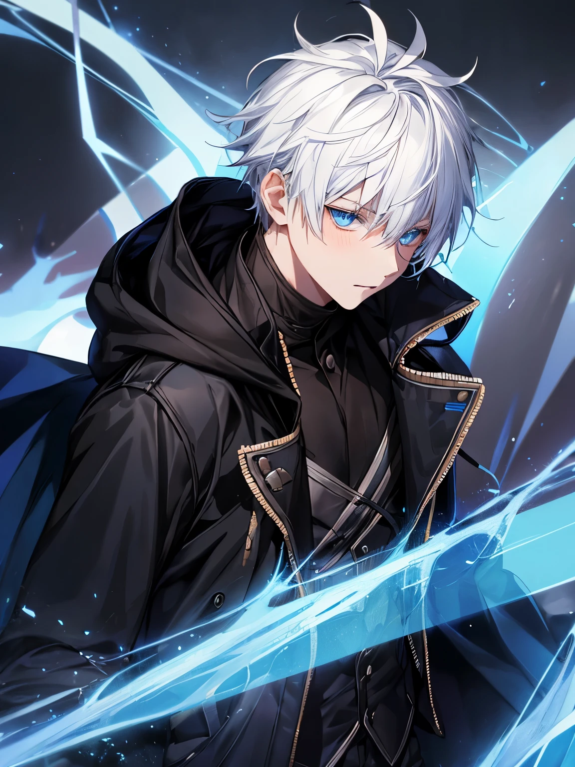 young male teenager, white hair, blue eyes, bar, facemask, black coat and hood