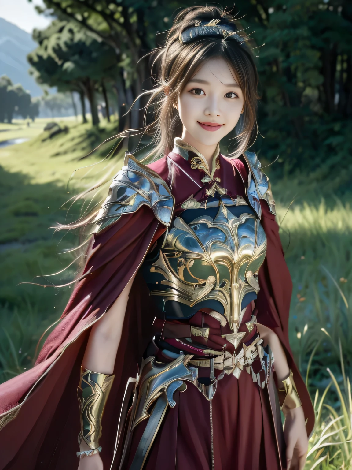 Chinese female general，Saffron Hufu，Detail the eyes，Crimson cape，metal breastplate，Breasts are full and erect，Gold hairband，majestic，Smile（open mouth）（The corners of the mouth are raised），、（Hair in a bun：1.5），（Hair bun raised high）。wilderness background（grassland background）