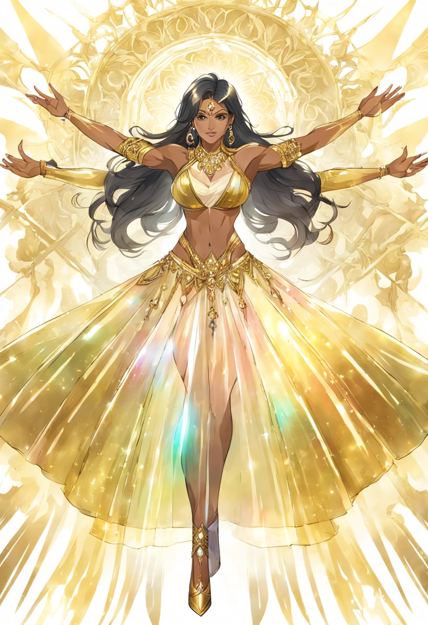 beautiful older indian ifbb, four arms, multple arms, shiny gold top, iridescent translucent skirt, concept