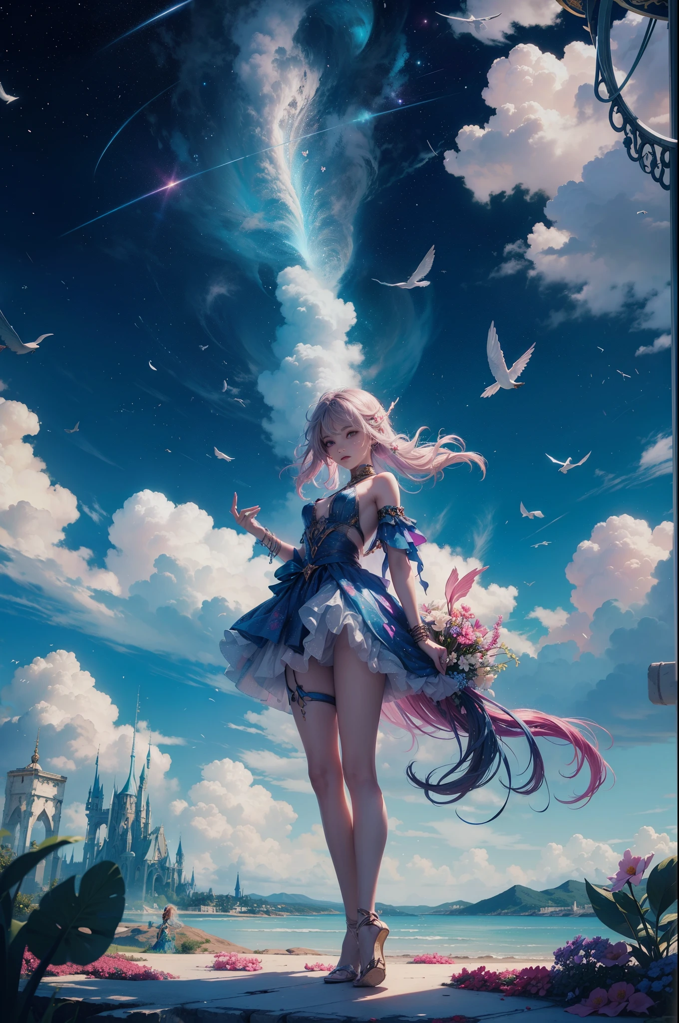 "((Fantasy art)) featuring an alien girl immersed in a celestial symphony, clouds transforming into vibrant splashes, flowers scattered like notes in the wind, a visual orchestration of color and wonder"