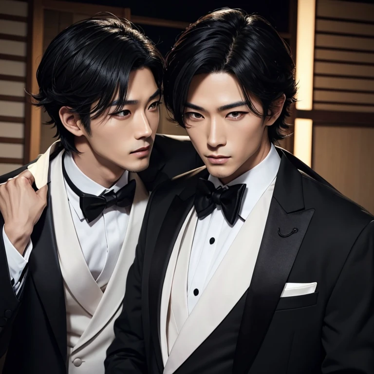 Real Japanese handsome man、double eyelids、black hair、tuxedo、cloak