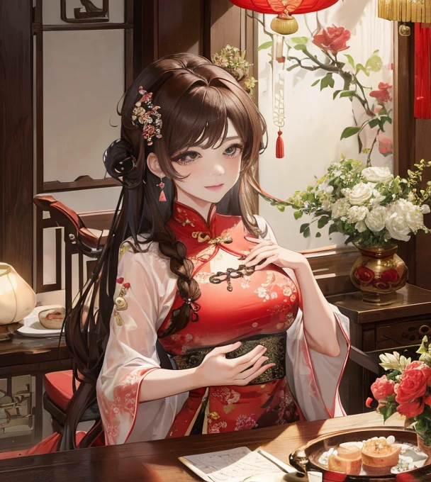 masterpiece, best quality, married woman， aldult, Chinese style, China, elder sister,  Smile, hairpin，brown hair, princess cut, Single braid，Full of motherhood，cheongsam，purely，blush，Dignified yet lively，Mother，Put your hands on your belly，thin lips，Mature