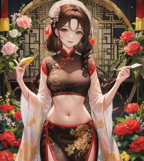 masterpiece, best quality, married woman， aldult, Chinese style, China, elder sister,  Smile, hairpin，brown hair, princess cut, Single braid，Full of motherhood，cheongsam，purely，blush，Dignified yet lively，Mother，Put your hands on your belly，thin lips，Mature