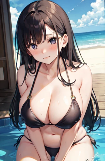 Yasushi Annagasaki々、Love Plus、(swimsuit)、big breasts、Stocky、straight hair、embarrassed face、Sit down、open the thighs、Breasts porori