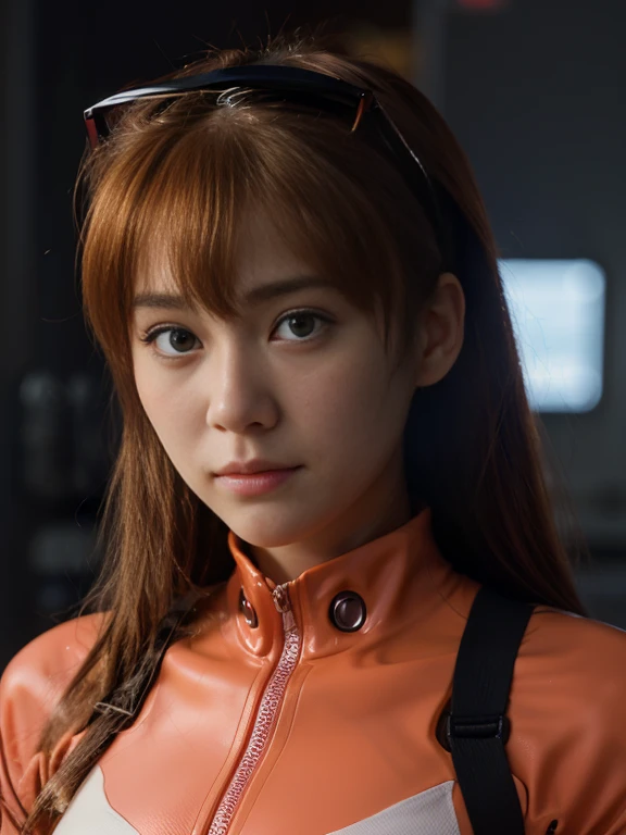 Close - up real - Live - action adaptation of a 3d character of Asuka Langley Soryu in plugsuit, charming face, NeonGenesis Evangelion cool expression