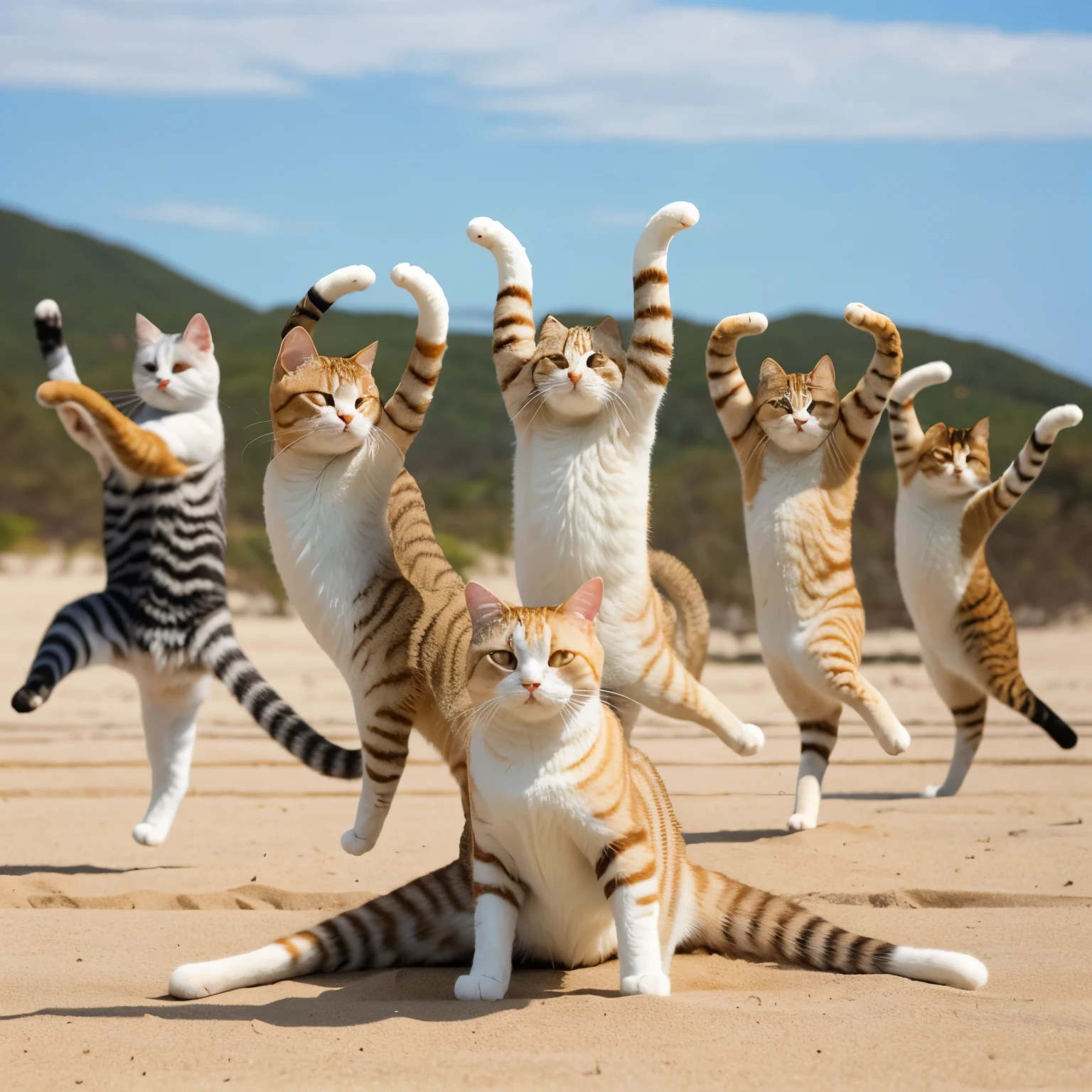The background is a bright wide sandy beach, Realistic cat gymnastics、dynamic movement, personification, Very realistic cat