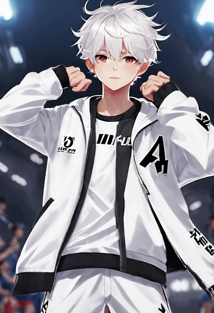 boys,sports student,Handsome boy,Q version,18 years old,animal ears,white hair,Upper body black sports jacket,White sports shorts on legs,white sneakers,standing posture,
best quality, full body character