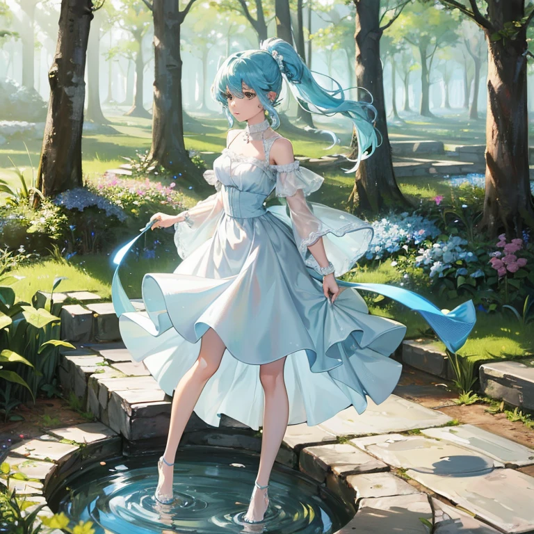 (Masterpiece), (Best Quality), (Ultra Fine), (Pan Hair), (Illustration), (1 Girl), (Fashion Clothing), Standing, Fashion Model, Looking at the Audience, (Background Forest), Beautiful Delicate Eyes, Delicate Beauty, Floating, (High Saturation), (Colorful Splashes), (Full Body) (Beautiful Figure), (Focus on the Face), (Refine the Facial Features) ,(Delicate Facial Features), Ponytail, Lining, Light Blue Hair, Bangs, Hair Ring, Floating Flowers, Flowing Hair, (Shiny), Best lighting, best shadows, vistas, in the forest, with pets