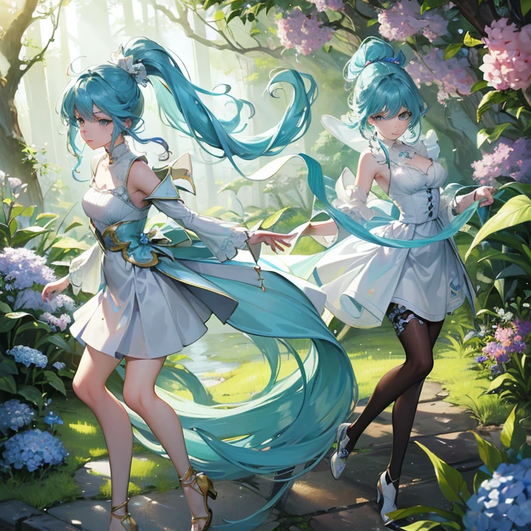 (Masterpiece), (Best Quality), (Ultra Fine), (Pan Hair), (Illustration), (1 Girl), (Fashion Clothing), Standing, Fashion Model, Looking at the Audience, (Background Forest), Beautiful Delicate Eyes, Delicate Beauty, Floating, (High Saturation), (Colorful Splashes), (Full Body) (Beautiful Figure), (Focus on the Face), (Refine the Facial Features) ,(Delicate Facial Features), Ponytail, Lining, Light Blue Hair, Bangs, Hair Ring, Floating Flowers, Flowing Hair, (Shiny), Best lighting, best shadows, vistas, in the forest, with pets