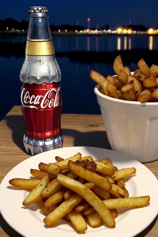 ((Mejor calidad)), ((obra maestra)), (detallado), comida, papas fritas, salchicha, coca cola, mesa, nocturno