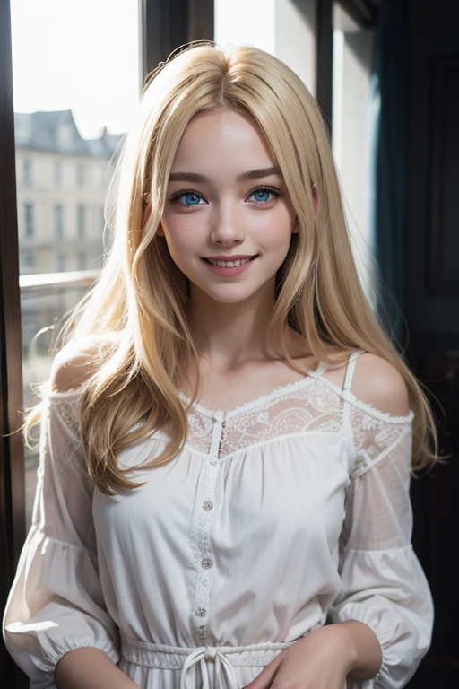 Victoire Weasley, girl, light blond hair, blue eyes, dark background, smile, white clothes