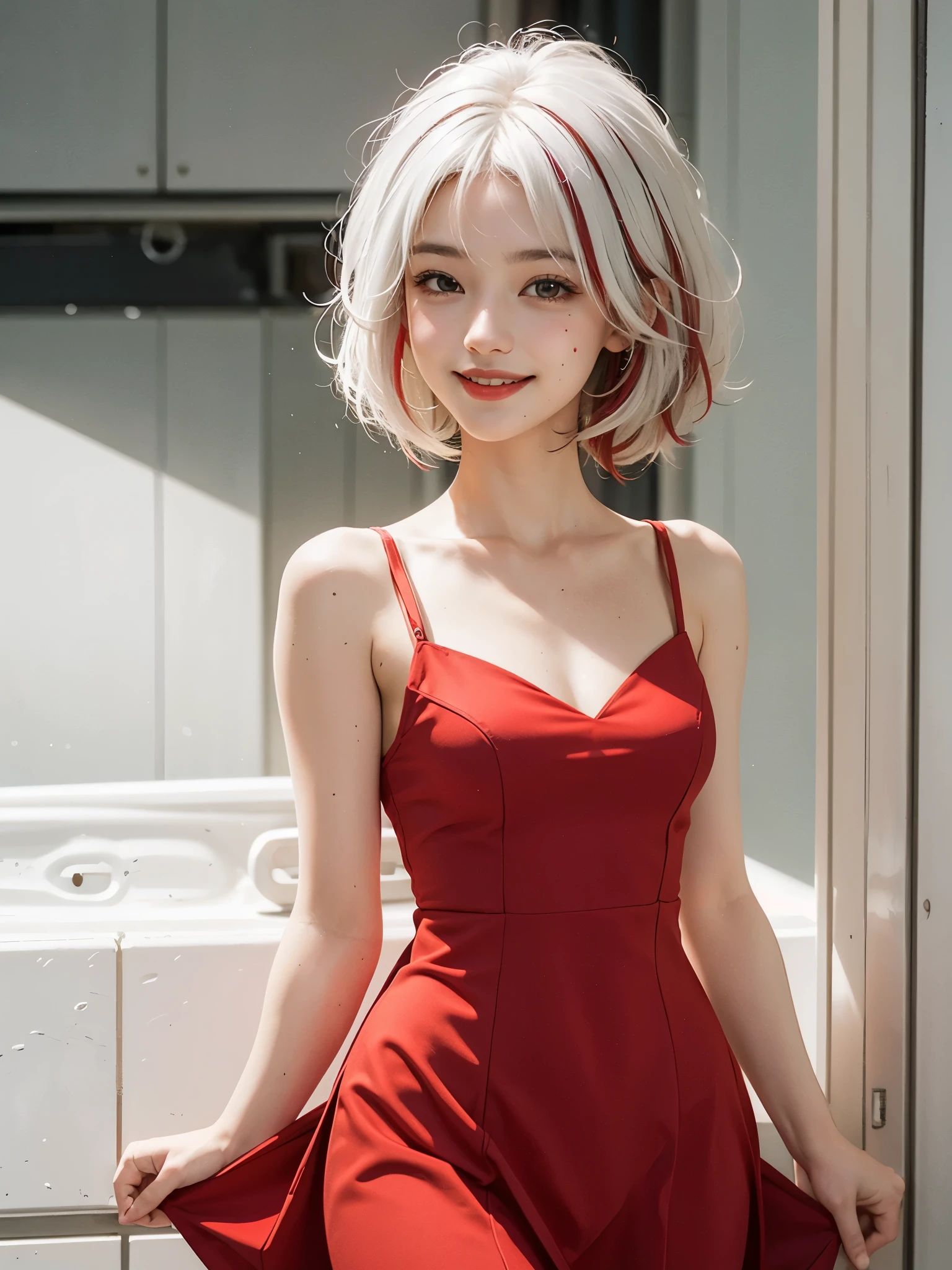 1 girl, sole female, red dress, smiling, short hairs, ((white hairs with red highlights))