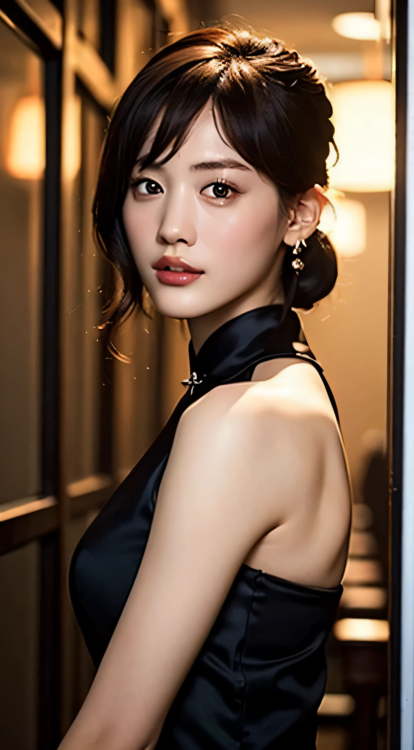 Highly detailed CG Unity 8k wallpaper, of the highest quality, super detailed, masutepiece, Realistic, photographrealistic, extremely detailed cute girl, 25 years old, ,, Upper body , ,Colossal ,Black eyes,qipao dress