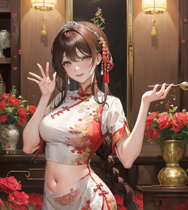 masterpiece, best quality, married woman， aldult, Chinese style, China, elder sister,  Smile, hairpin，brown hair, princess cut, Single braid，Full of motherhood，cheongsam，purely，blush，Dignified yet lively，Mother，Put your hands on your belly，thin lips，Mature，The lower abdomen is raised