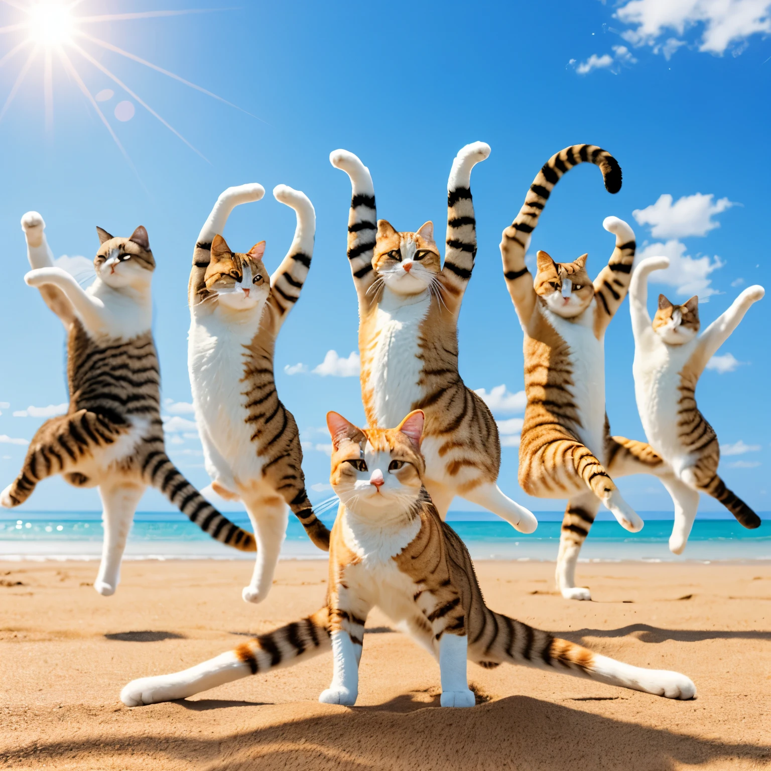 The background is a bright wide sandy beach, Realistic cat gymnastics、dynamic movement, personification, Very realistic cat