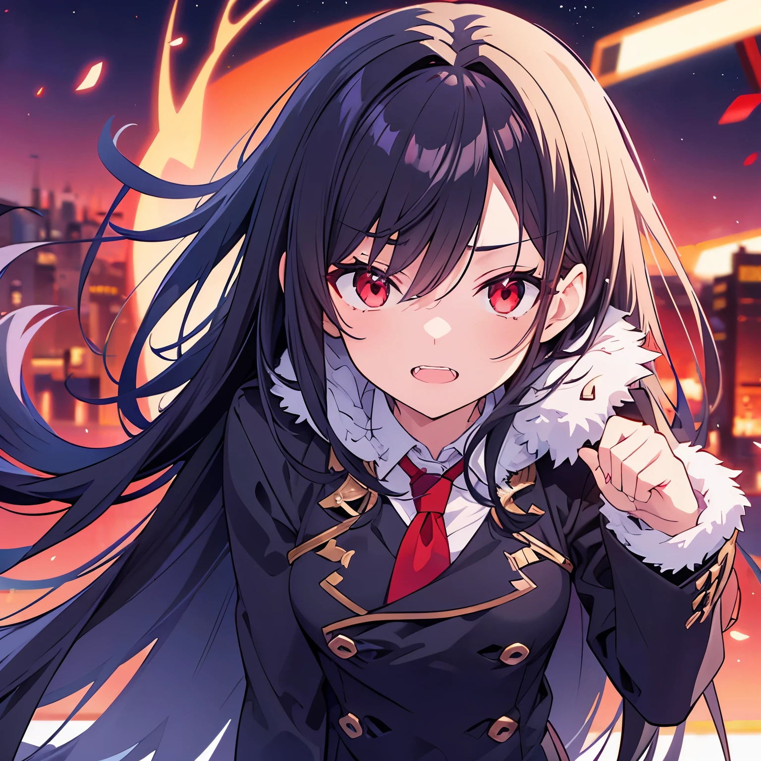 greek cityscape、Cool and dark long black hair with jagged teeth、Anime CG art of a small-breasted similar to FGO's Melt Lilith with distinctive red eyes