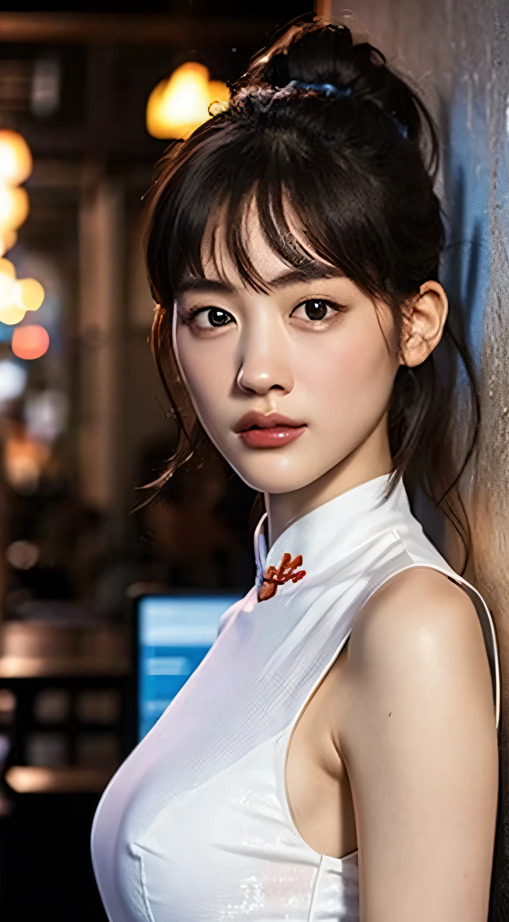 Highly detailed CG Unity 8k wallpaper, of the highest quality, super detailed, masutepiece, Realistic, photographrealistic, extremely detailed cute girl, 25 years old, ,, Upper body , ,Colossal ,Black eyes,qipao dress