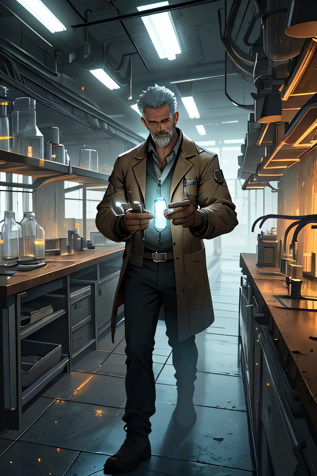 In the dimly lit laboratory, a scientist, with a gaze filled with excitement and intrigue, meticulously examines a vial of unknown substance. The realistic rendering, powered by Unreal Engine, brings out every detail of his furrowed brow and focused expression. Hyper-real textures accentuate the laboratory's aged walls, rusted metal benches, and the smooth curve of the glass vial. The vial itself, bathed in a soft, ethereal glow, contrasts against the stark surroundings, as the Unreal Engine's advanced lighting system illuminates its every facet. With an air of anticipation, the scientist leans in closer, unraveling the secrets locked within