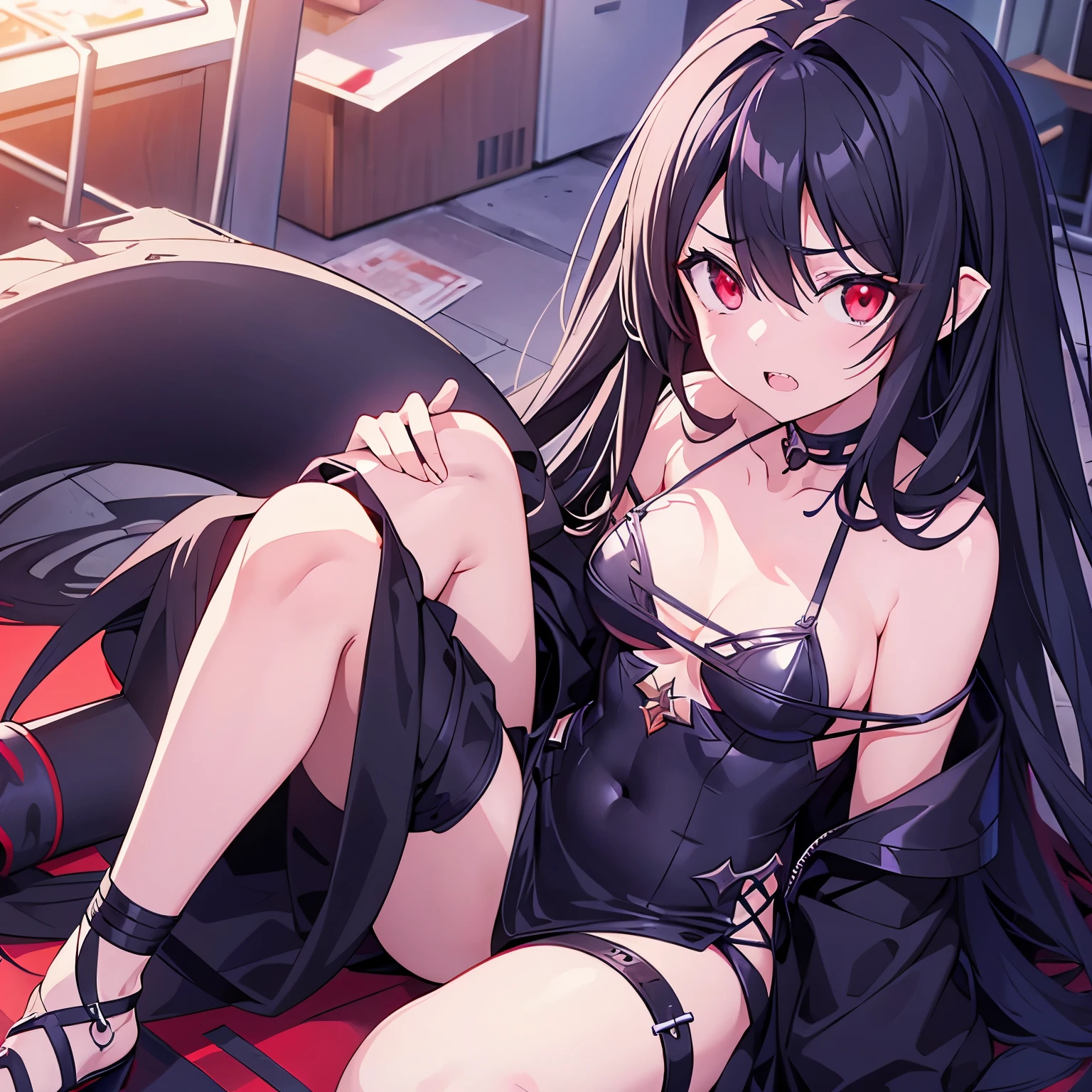 greek cityscape、Cool and dark long black hair with jagged teeth、Anime CG art of a small-breasted similar to FGO's Melt Lilith with distinctive red eyes