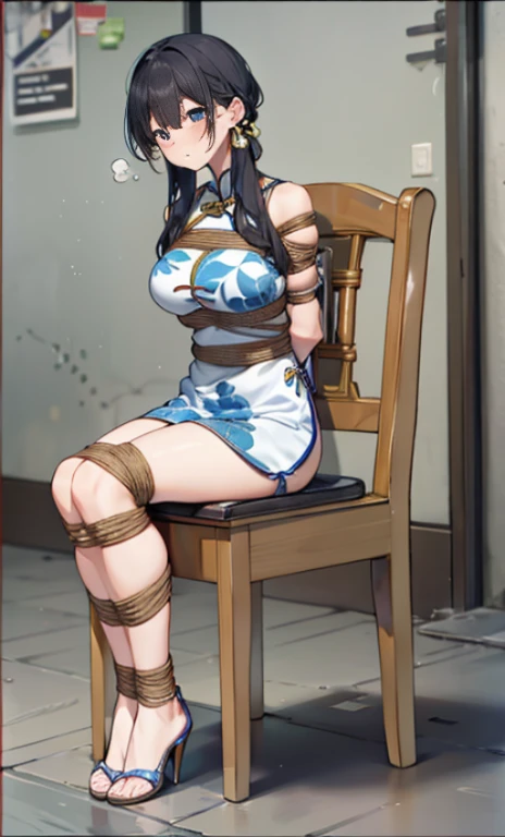 masterpiece, best quality,alone,(()),((blush)), ((tears)), (()),((Exhausted)),((High heel)),((cheongsam)), (((()))),((arms_behind_Back)),((legs together)), ((Bondage)),((chaili))
