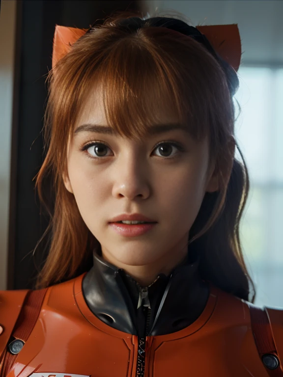 Close - up real - Live - action adaptation of a 3d character of Asuka Langley Soryu in plugsuit, charming face, NeonGenesis Evangelion cool expression