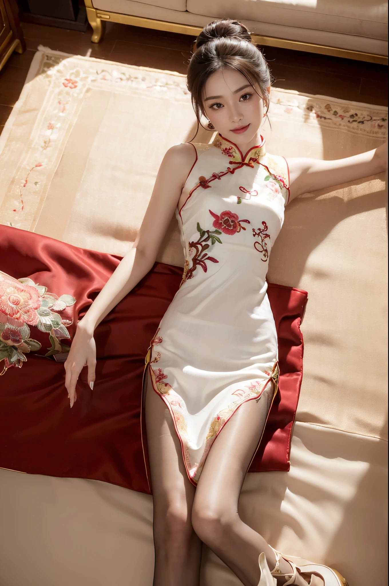 ((((8k))),((Extremely meticulous CG)) ,(wallpaper),16k,((Extremely refined and beautiful)),(((Masterpiece))),(((best qualtiy))),(((Ultra High Resolution))),beautiful light up,Perfect lightning,realistic shaded,[A high resolution],(Smooth and flawless fair skin:1.5),(pale skin:1.3),Extremely exquisite  details,(perfect body:1.1),ultra-detailed,A beautiful girl,solo,small head,(bun hair:1.1),small face,Exquisite makeup,(small breasts:1.1),flat chests,slim,thin,happy,smile,(Maxi Gorgeous exquisitely embroidered cheongsam:1.5),(slender legs:1.2),(pantyhose:1.3),(high heels:1.1),(night scene:1.5),indoor,(In a luxurious living room:1.5),(Roman style decoration:1.3),(detailed background:1.5),(lying flat on back on the bed:1.3),(upper body:1.2),(from above:1.3),(top view:1.3),(bright light:1.3)