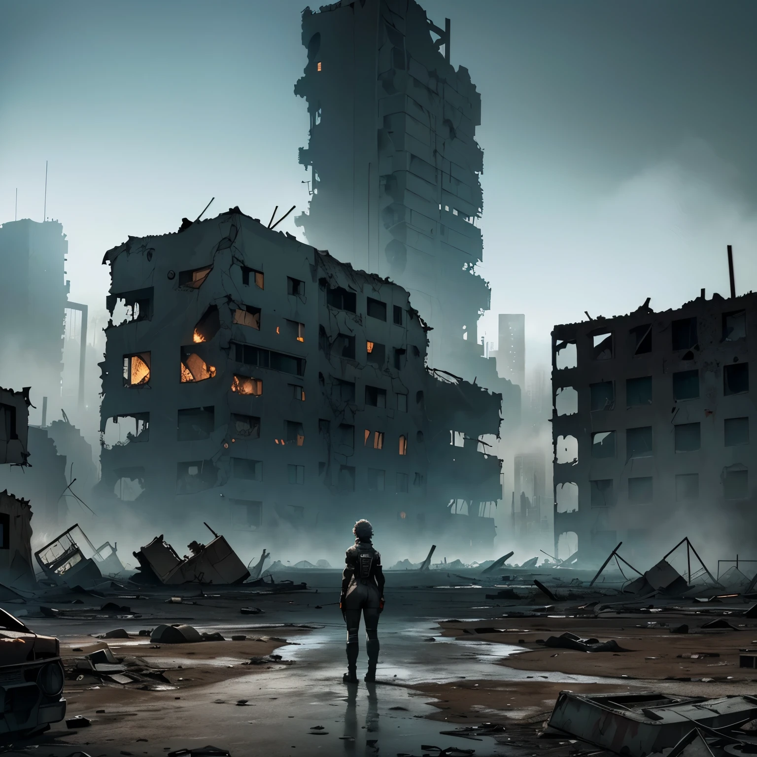 ((nsfw a lonely apocalyptic female survivor, Ponto de vista, anti-dive camera angle, a city in ruins with a destroyed building in the background)), in a post apocalíptico setting, 8k, pintura fosca em preto e branco, dystopian future, destroyed city in the background, em uma paisagem urbana arruinada, in a post-apocalyptic wasteland, in a post apocalyptic city, Akira CGI Filme Stills, cinematic photography concept art, destroyed city, ((imagem em preto e branco))