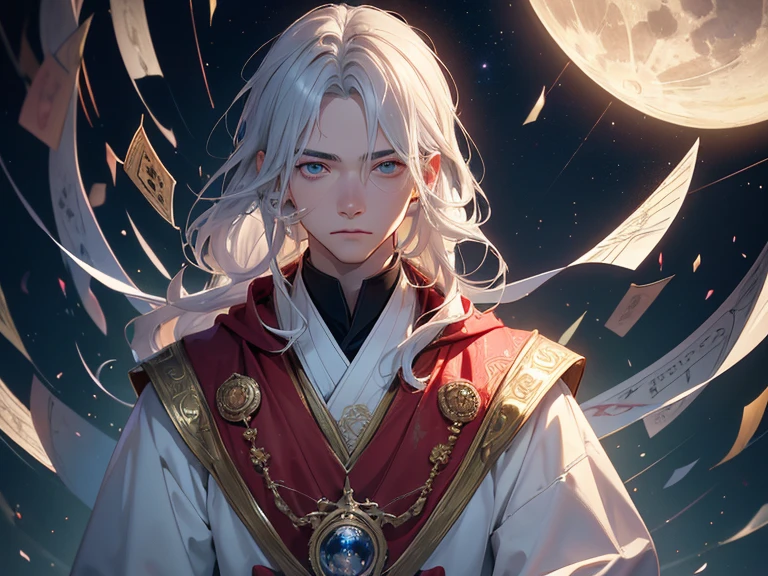 (masterpiece, highest quality,:1.2), 1 male, (alone:1.3), Upper body,1 man in his 20s，Upper body，Look at me with sad eyes，neutral facial features，face portrait，shapeless hair, Golden and silver hair，Long bangs that reach around the eyes，shortcut，smooth and transparent hair，dark eyes，つやのあるskin, detailed face, wearing a crimson robe， Sumeru，Stained glass, the moonlight is pouring down，tarot cards，tarot moon，highest quality, masterpiece, flower frame， decorative panel， abstract artistic， （master piece， best quality， High resolution： 1.4）， detailed， intricate details， 4K，cerulean , (ephemeral，soft_skin_tone,Stained glassの背景,