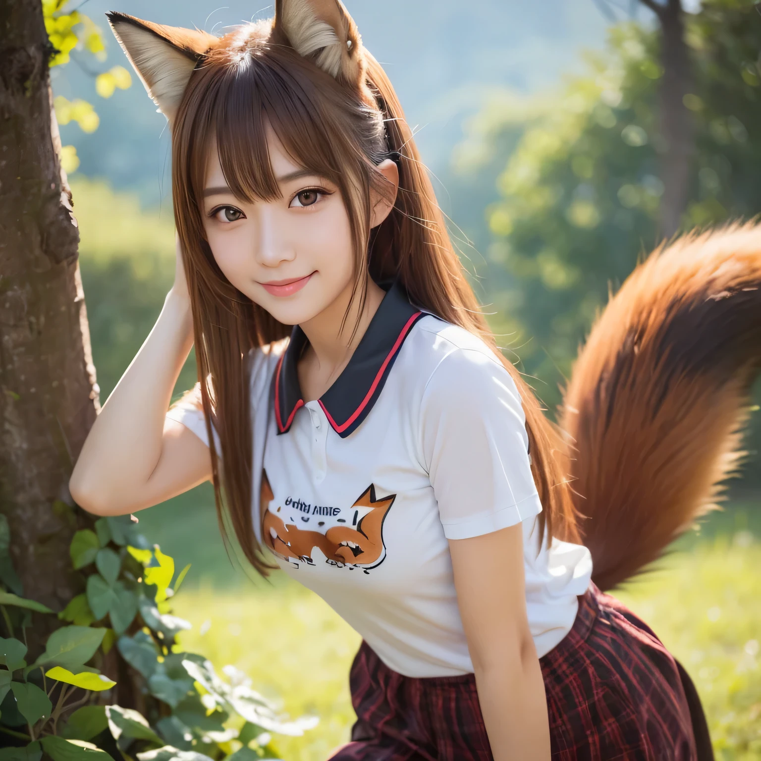 Girl with a furry Tail , Fox girl, Fox Tail, Tail, collared shirt, top quality, Bushy Tail,on the table, best quality, illustration, Ultra-deTailed, finedeTail, high resolution, 8k wallpaper, Perfect dynamic composition, Beautiful deTailed eyes,whole body摄影,original photography、(((ultimate beauty portrait)))、((sparkling skin)),((masterpiece、top quality、ultra-deTailliert、movie light、intricate-deTail、high resolution、ighly deTailed))、background for this、8 kood、digital SLR、soft light、high quality、film grain、富士XT3、Above the legs、whole body、Smile、permanent