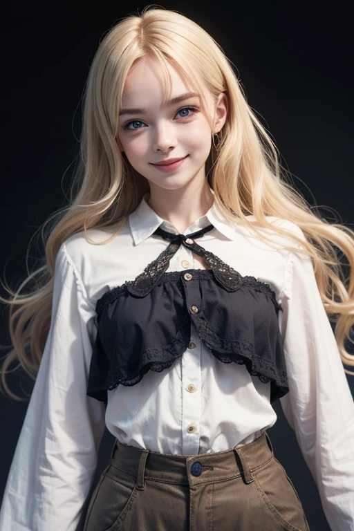 Victoire Weasley, girl, wavy light blond hair, blue eyes, dark background, smile, white clothes
