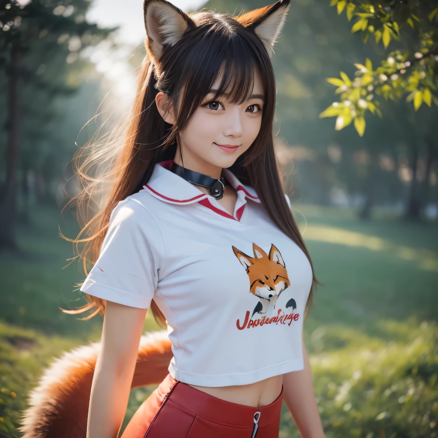 Girl with a furry Tail , Fox girl, Fox Tail, Tail, collared shirt, top quality, Bushy Tail,on the table, best quality, illustration, Ultra-deTailed, finedeTail, high resolution, 8k wallpaper, Perfect dynamic composition, Beautiful deTailed eyes,whole body摄影,original photography、(((ultimate beauty portrait)))、((sparkling skin)),((masterpiece、top quality、ultra-deTailliert、movie light、intricate-deTail、high resolution、ighly deTailed))、background for this、8 kood、digital SLR、soft light、high quality、film grain、富士XT3、Above the legs、whole body、Smile、permanent