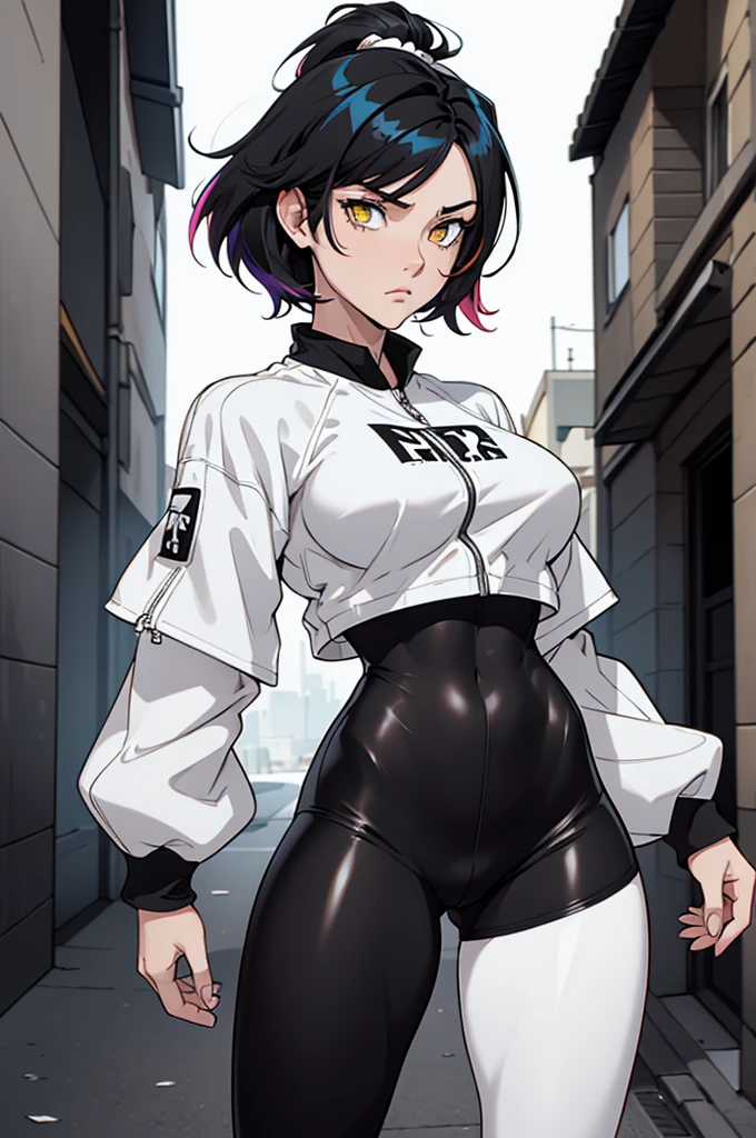 ((multicolored hair, black hair, white hair)) half white and half black hair, bicolor, black and white hair, colored hair, colored white and black hair 1 girl, two-tone hair, black on top, white on bottom 1 gilr, ,perfect anatomy girl muscular girl toned body girl large breasts girl thick girl angry girl best quality girl black hair girl yellow eyes girl pale girl pale girl,beautiful woman brunette, muscular, wearing short leggings withe, black tights, short hair, beautiful eyes, beautiful, yellow eyes, white shirt, black leather jacket, shorts, short white leggings, dark alley city black pantyhose, two-tone hair, black on top, white on bottom, black hair with white, two-tone hair, half white and half black hair