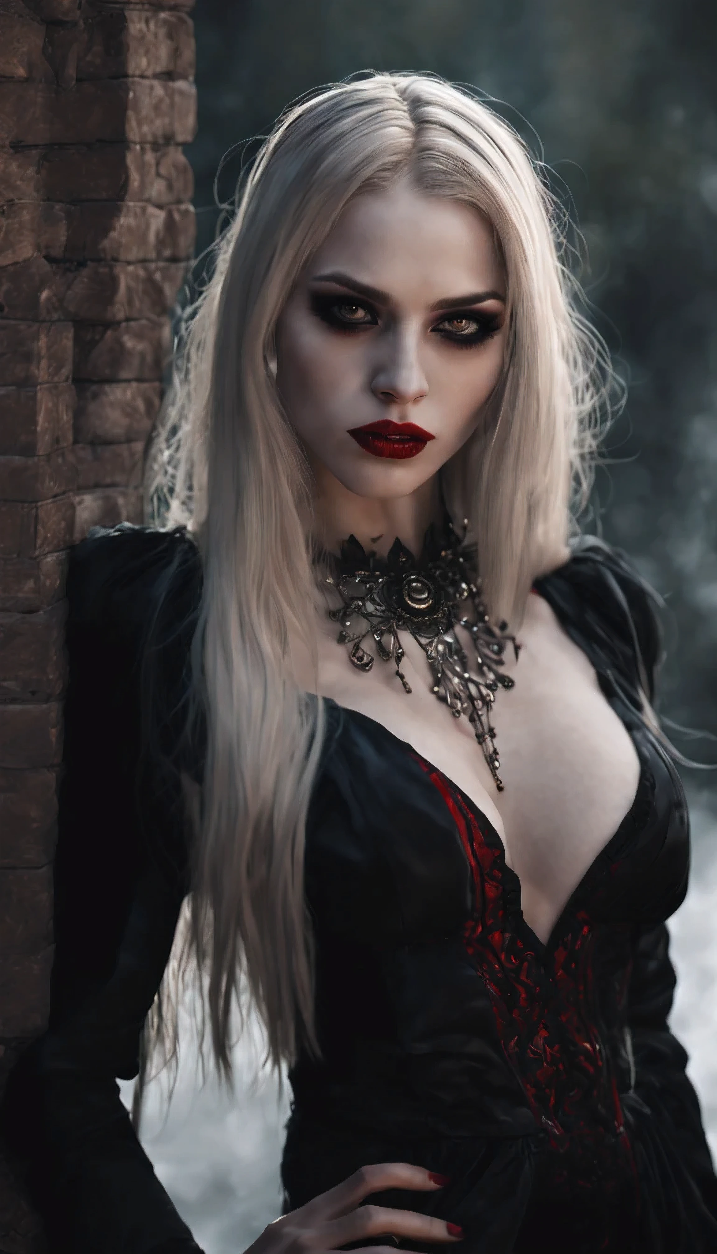 Photorealistic portrait of a vampire girl, У нее long light hair, young woman, standing at full height in the dark, She is wearing a black short dress with a plunging neckline, Beautiful breasts, detailed chest, Black openwork stockings, black high heels, Detailed face, dark makeup, Seductive look, (sexual) Outside, fangs visible, Blood runs down his lips, bright glowing eyes. long light hair, realism, pale detailed skin, bright red eyes, very detailed skin, loose hair, Realistic skin, Gothic attire, Canon,4K, mysterious, Gothic, Sexy beautiful vampire girl, High 8K Image Quality, detailed image 16K.