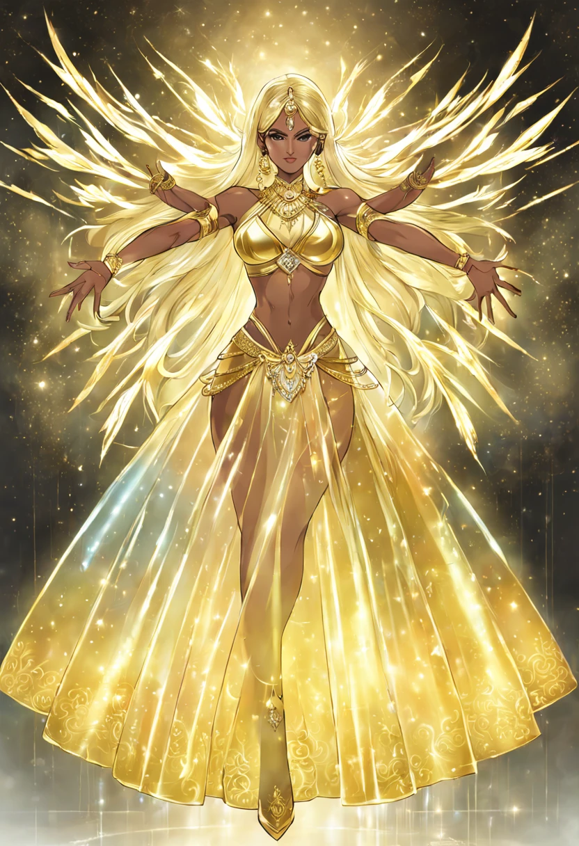 beautiful older indian ifbb, four arms, multple arms, shiny gold top, iridescent translucent skirt, concept