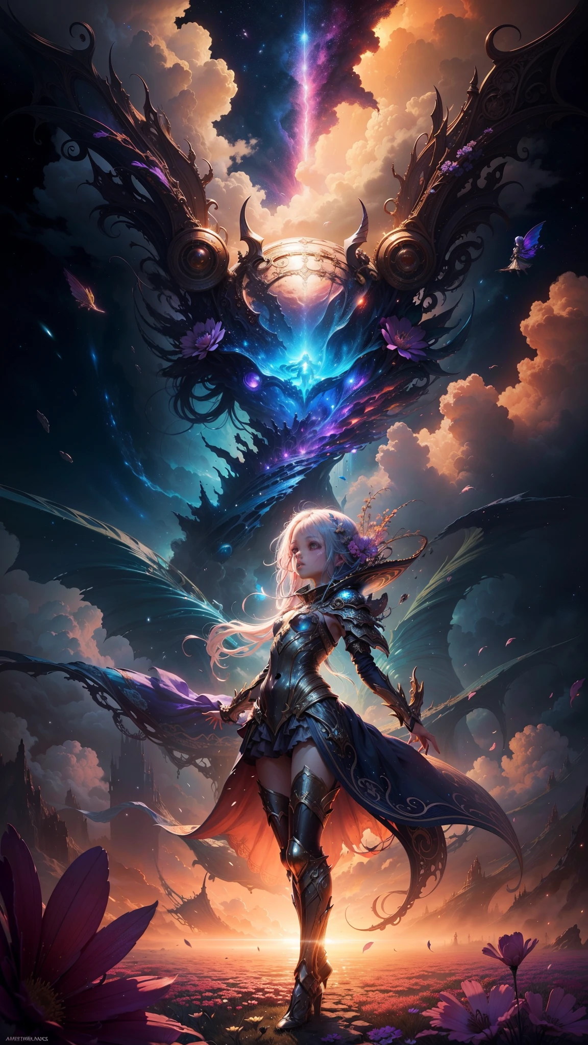 "((Fantasy art)) featuring an alien girl immersed in a celestial symphony, clouds transforming into vibrant splashes, flowers scattered like notes in the wind, a visual orchestration of color and wonder"