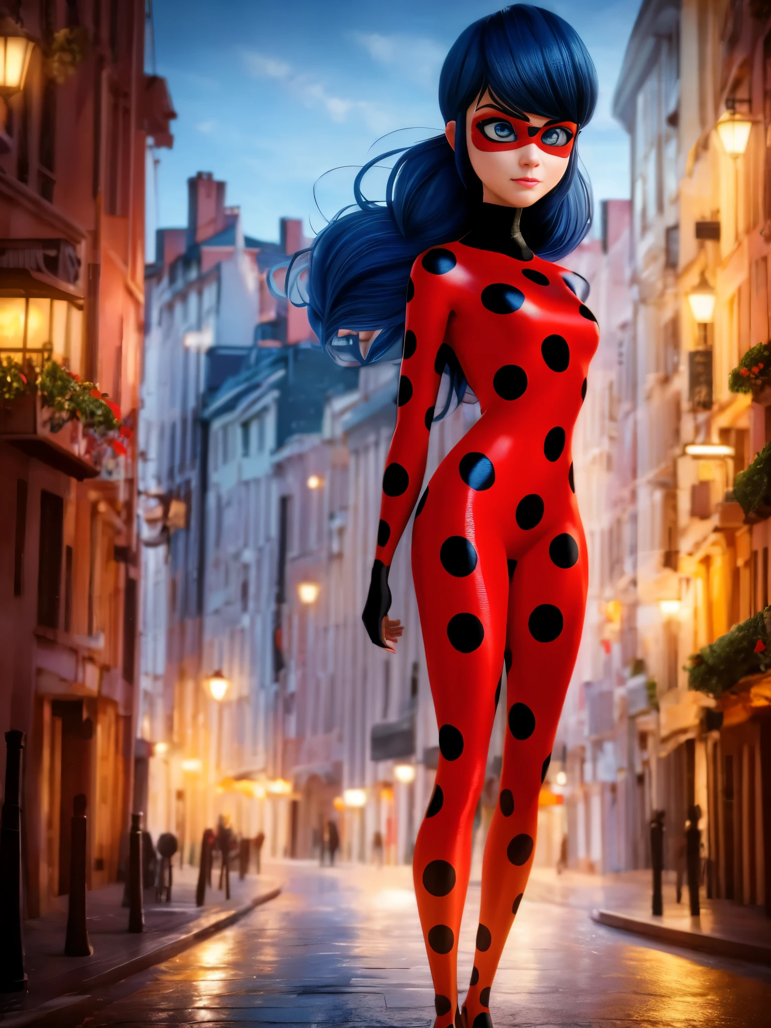 a full body photo, Alexandra Daddario as Ladybug from Miraculous, blue hair, maria chiquinha hairstyle, fringe aside, style of (Steve McCurry), Nikon Z FX device, EF 70mm lens, cinematic lighting, long exposure style, long shot type, vibrant color scene, realistic photo, intricate, beautiful face, ultra detailed face, perfect body, whole body, perfect, perfect,  realistic, highly detailed, Art Station, trend, realistic face, realistic skin, detailed eyes, great art, ultra realistic render n-9, 4K, 8K, 16K, 20K, HDR, UHD, 64K, Perfect Luminance, hyper realistic, symmetrical face, Bokeh, High-resolution scanning, professional photography