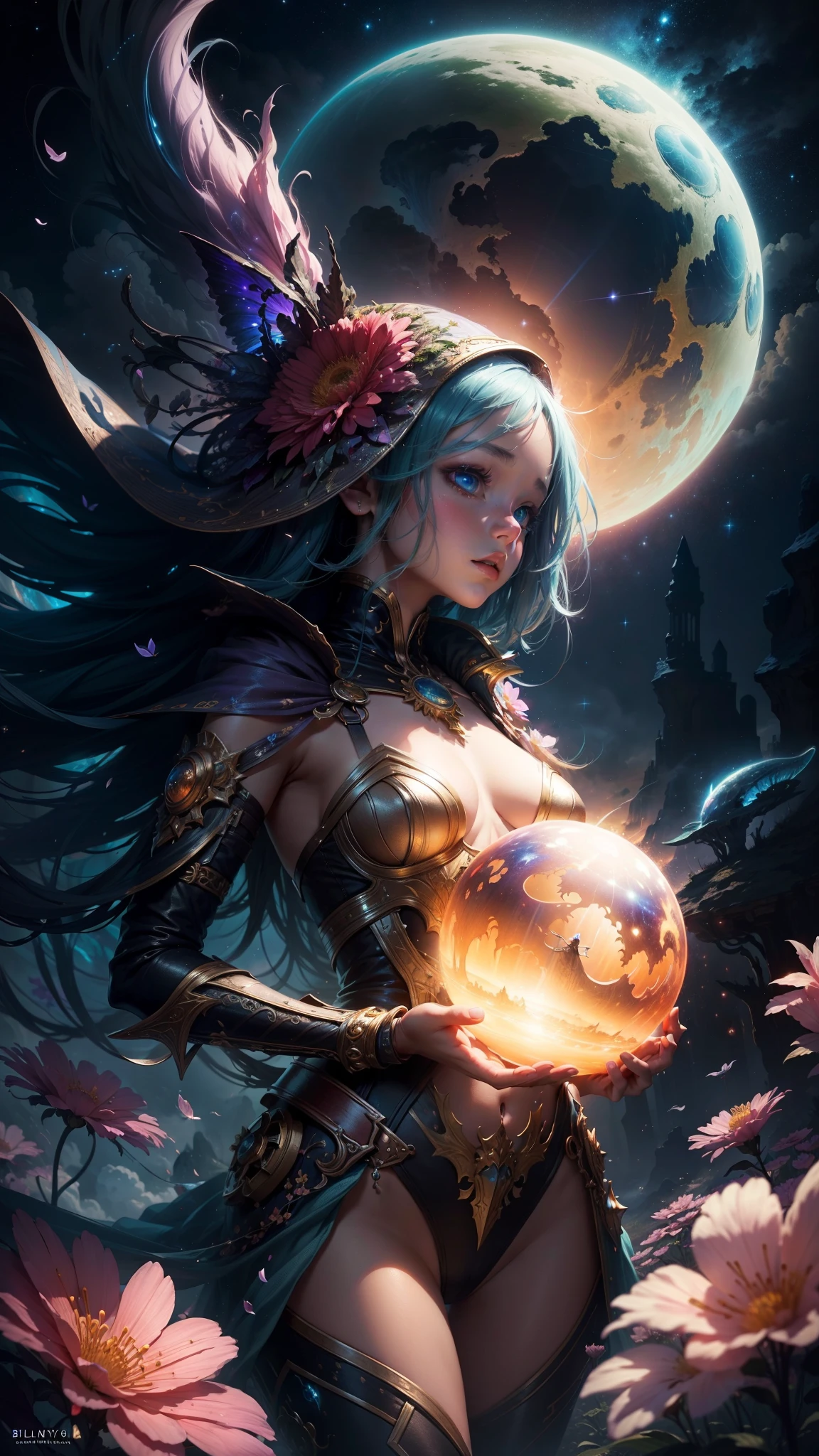 "((Fantasy art)) featuring an alien girl immersed in a celestial symphony, clouds transforming into vibrant splashes, flowers scattered like notes in the wind, a visual orchestration of color and wonder"