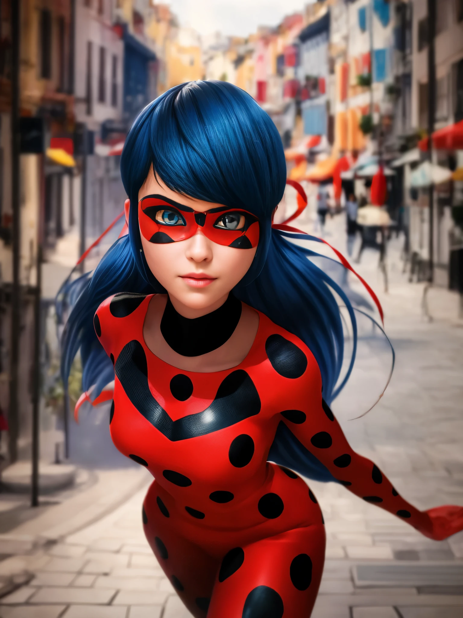 a full body photo, Alexandra Daddario as Ladybug from Miraculous, blue hair, maria chiquinha hairstyle, fringe aside, style of (Steve McCurry), Nikon Z FX device, EF 70mm lens, cinematic lighting, long exposure style, long shot type, vibrant color scene, realistic photo, intricate, beautiful face, ultra detailed face, perfect body, whole body, perfect, perfect,  realistic, highly detailed, Art Station, trend, realistic face, realistic skin, detailed eyes, great art, ultra realistic render n-9, 4K, 8K, 16K, 20K, HDR, UHD, 64K, Perfect Luminance, hyper realistic, symmetrical face, Bokeh, High-resolution scanning, professional photography