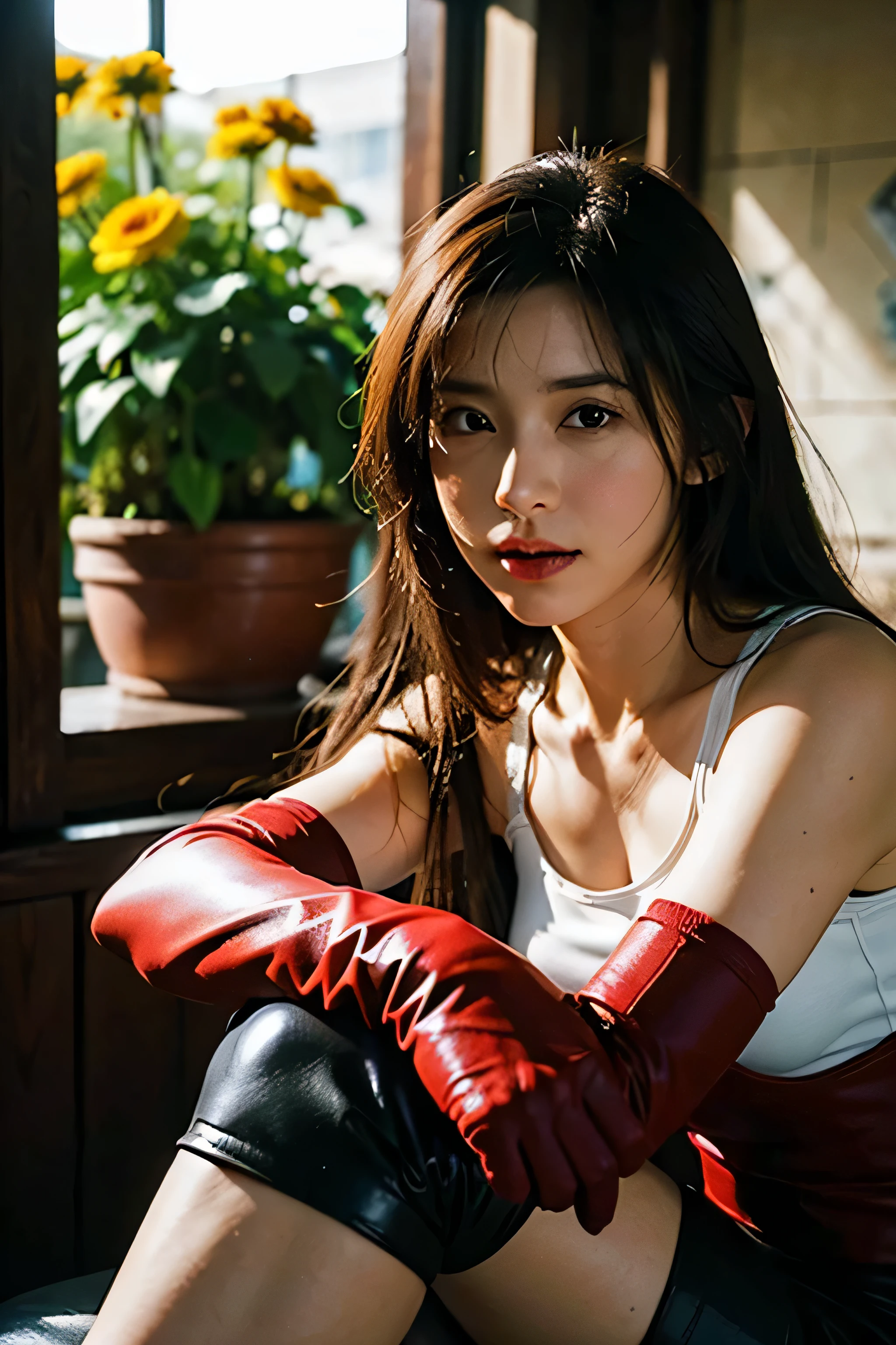 (8k, best quality, masterpiece:1.2), (realistic, photo-realistic:1.37), ultra-detailed,
A detailed portrait of Tifa Lockhart from Final Fantasy VII Remake sitting at a detailed cafe in the cityscape on a date, looking cute and solo with beautiful detailed eyes and a nose blush. She wears a single elbow pad, ankle boots, a black skirt, black thigh-highs, and red boots, along with elbow gloves, elbow pads, and fingerless gloves. Her outfit includes a sports bra, suspender skirt, thigh-highs, and a white tank top. Her full body is visible with her head resting on her hand, showcasing her pretty face, low-tied long hair, and lips. The scene is illuminated with professional lighting, photon mapping, and radiosity, with Tetsuya Nomura Style and a cyber-futuristic feel. The background features yellow flowers and a bokeh effect. Tifa has a small smile and closed mouth.